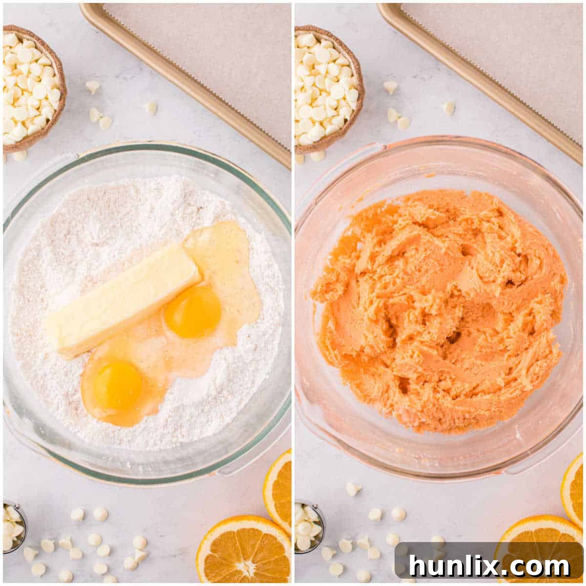 A collage demonstrating the addition of wet ingredients into the dry mixture for orange creamsicle cookies.
