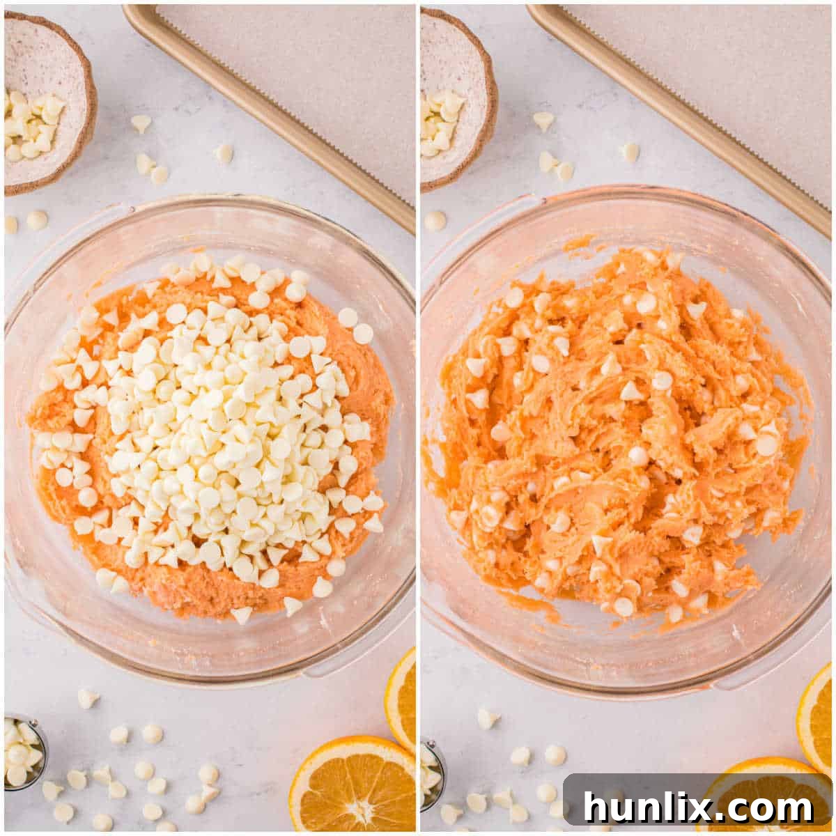 A collage illustrating the step of mixing white chocolate chips into the cookie dough.