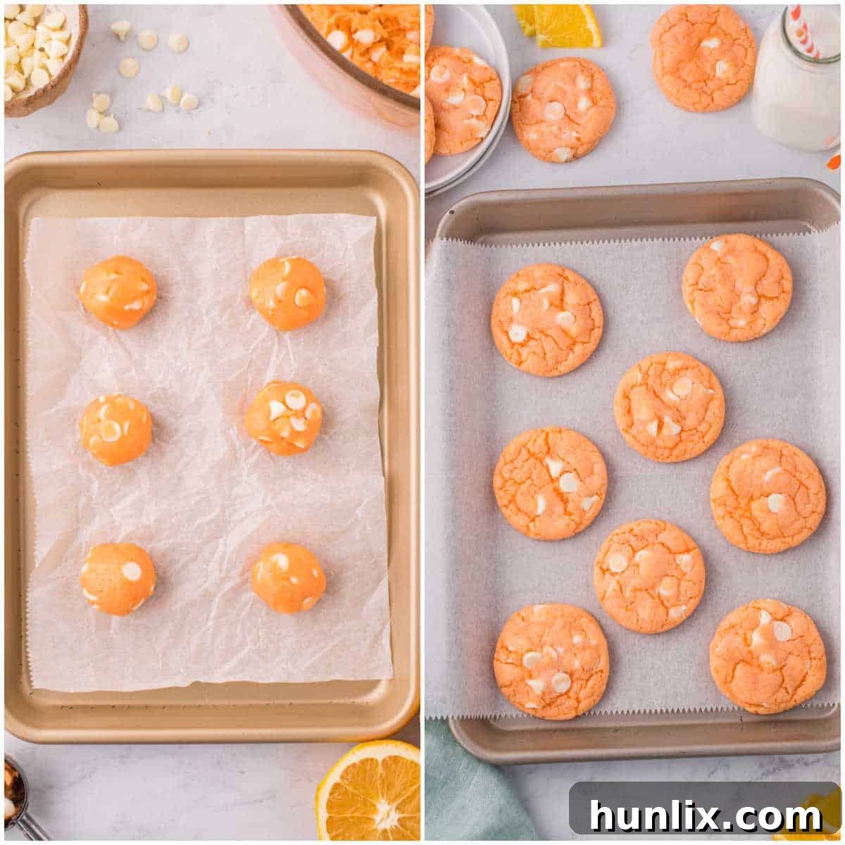A collage showing the baking process of orange creamsicle cookies in an oven.