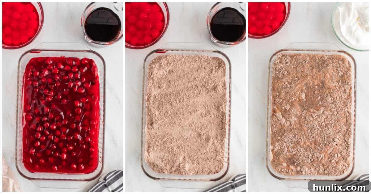 Collage of layering ingredients in a baking pan.