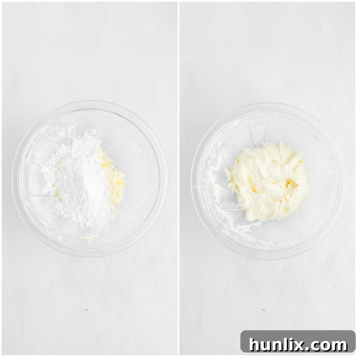 Ingredients for frosting being mixed in a bowl.