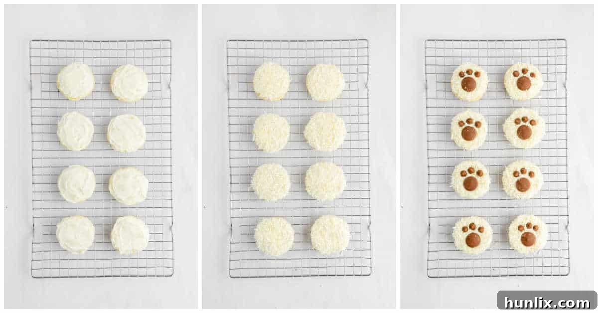 Decorating bear paw cookies with chocolate and coconut.