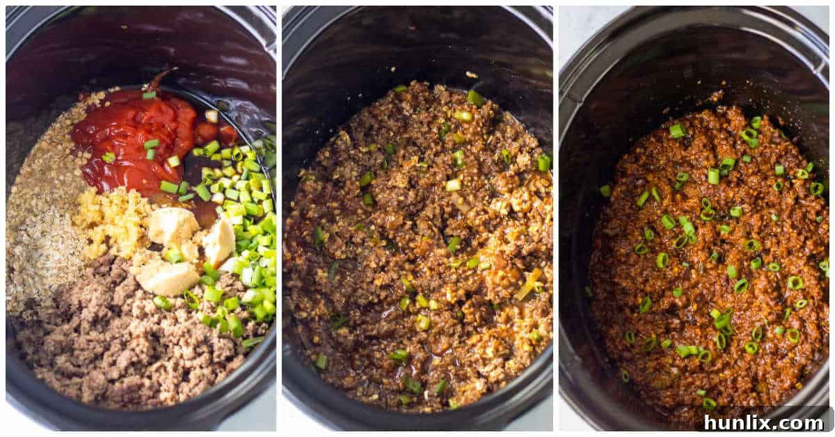 Steps showing the preparation process for Slow Cooker Korean Sloppy Joes.