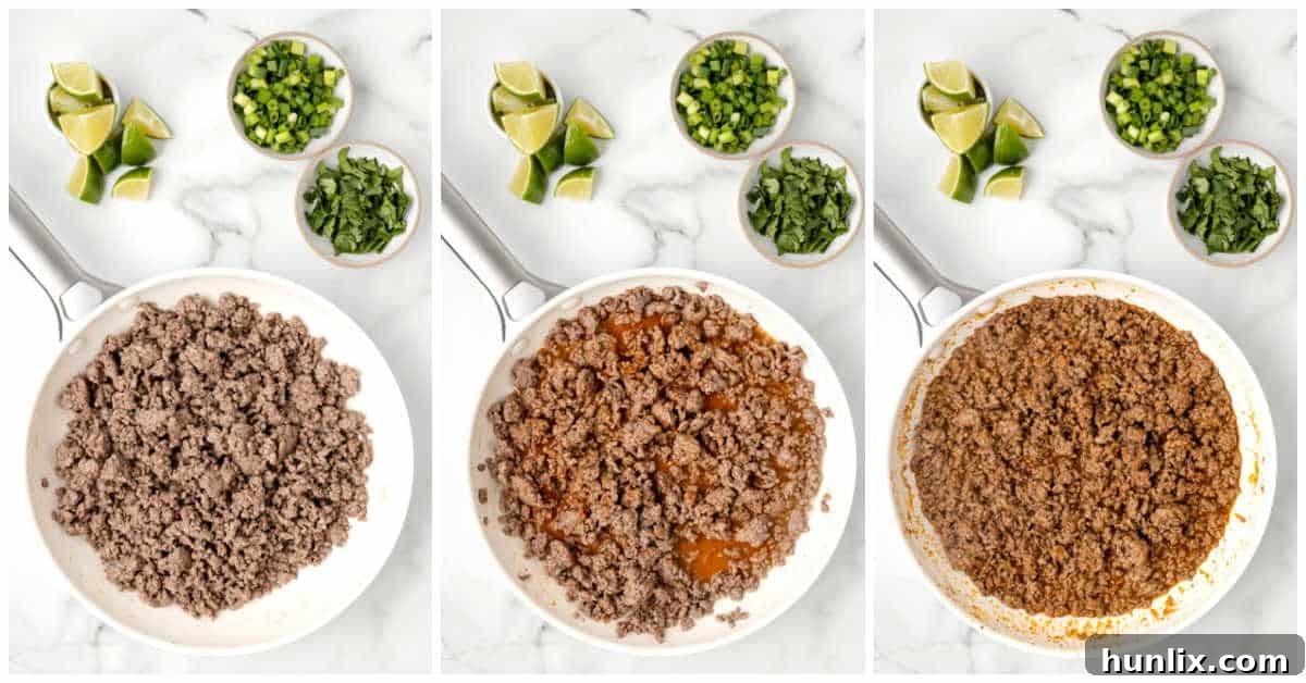 A two-panel collage showing the process of cooking ground beef in a pan, followed by the addition of water and taco seasoning, simmering to create the savory taco meat mixture.