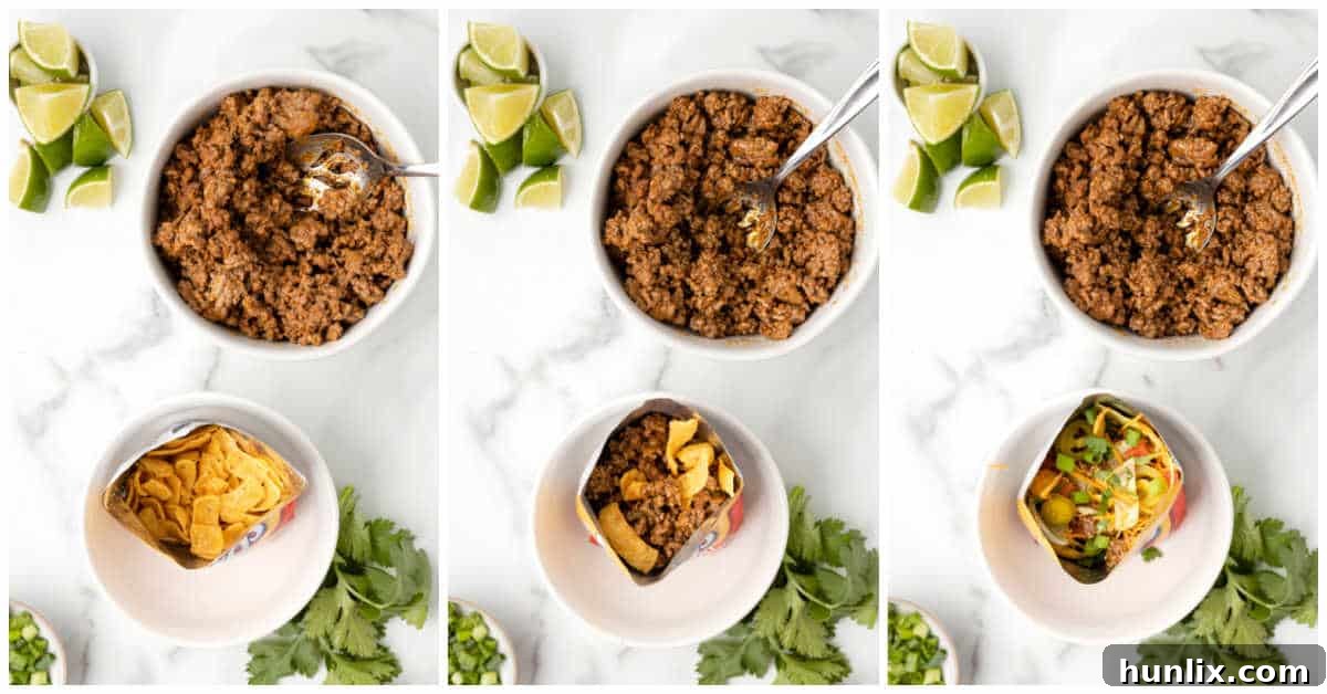 A three-panel collage demonstrating the assembly of Walking Tacos, from crushing chips and cutting open the bag to scooping in taco meat and adding the first layer of toppings.