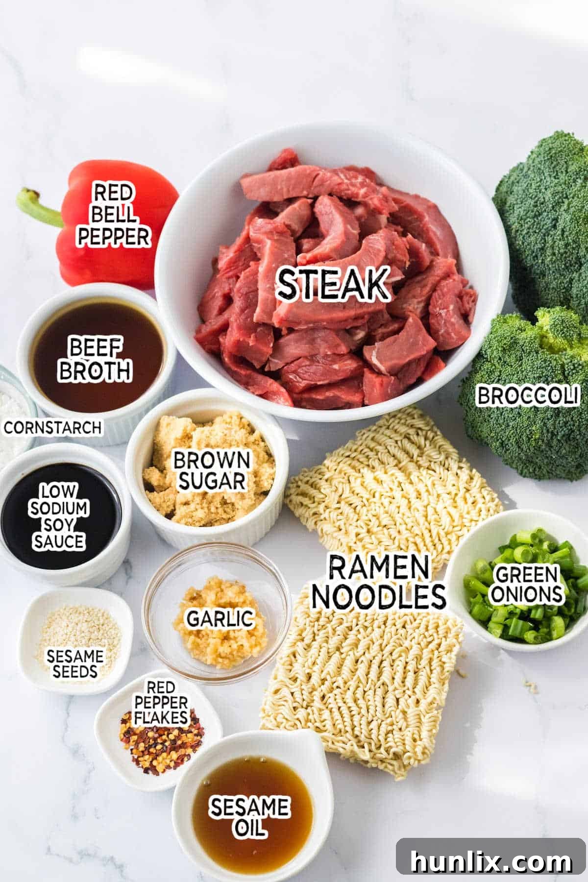 Ingredients to make slow cooker beef and broccoli ramen. 