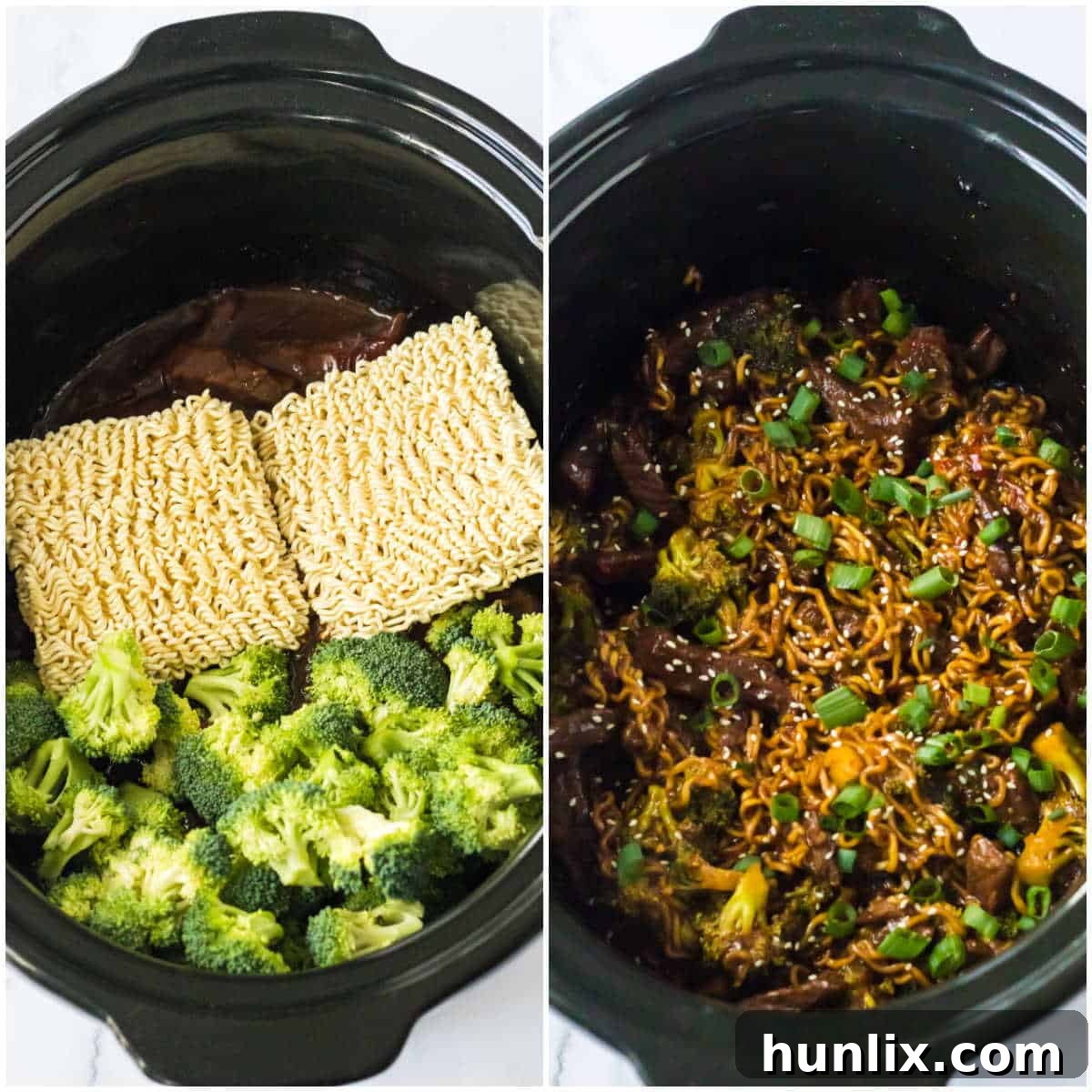 Steps to make slow cooker beef and broccoli ramen. 