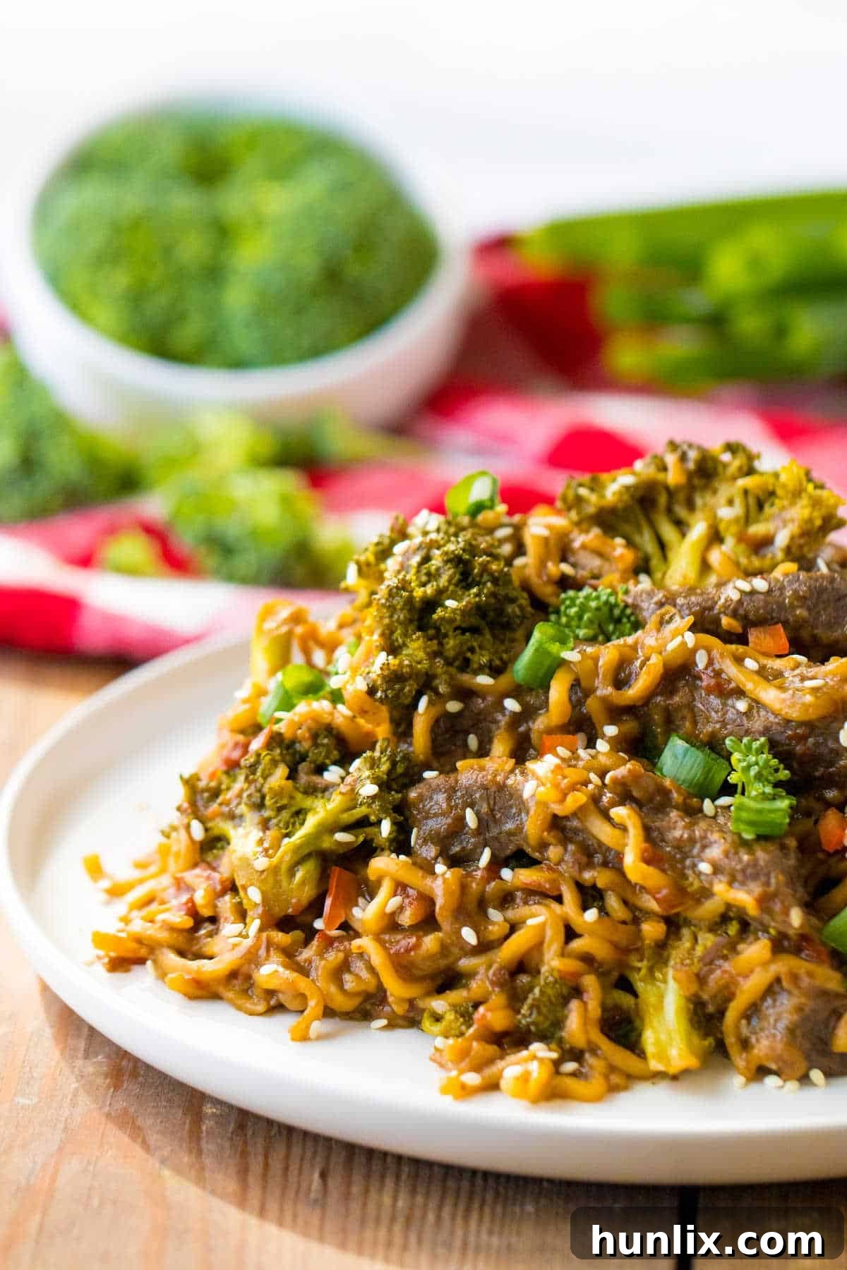 Beef and broccoli ramen on a plate.