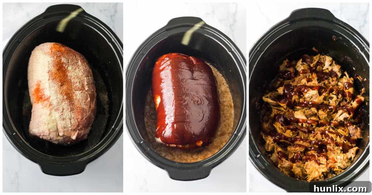 A series of images demonstrating the step-by-step process of making root beer pulled pork in a slow cooker, from seasoning to shredding.