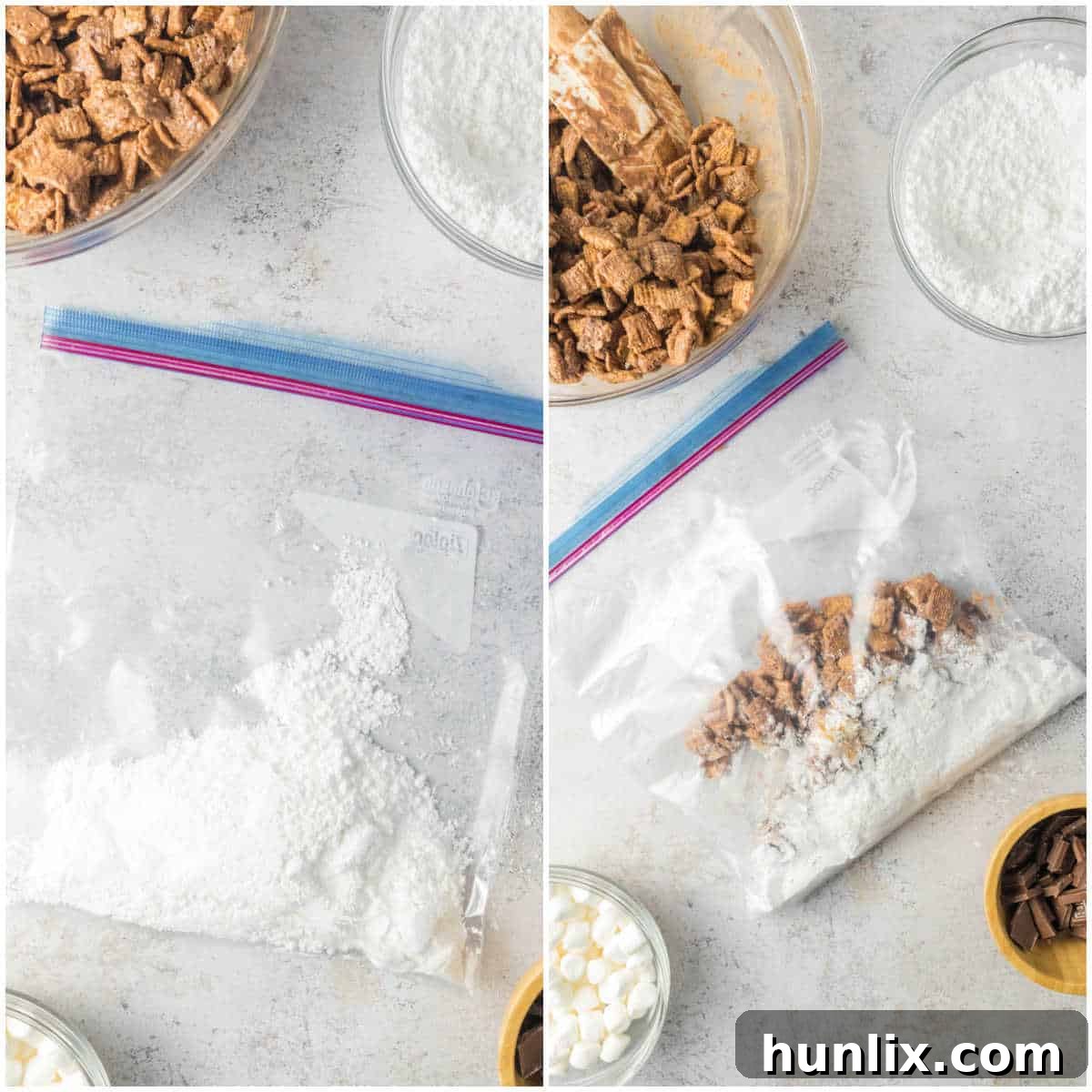 Steps to make s'mores puppy chow.