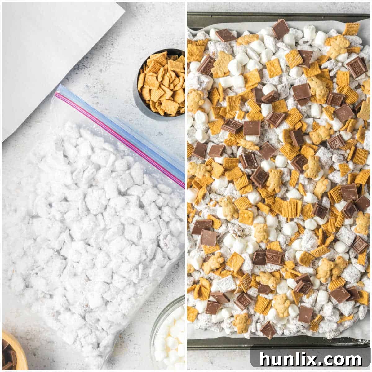 Steps to make s'mores puppy chow.