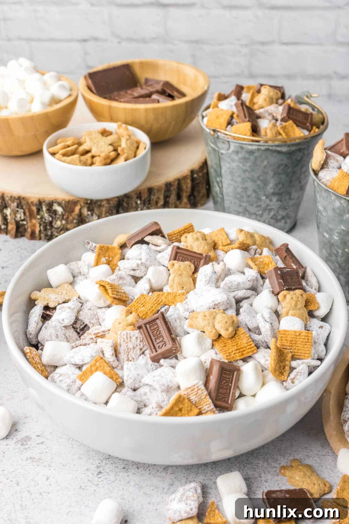 S'mores puppy chow in a white bowl.