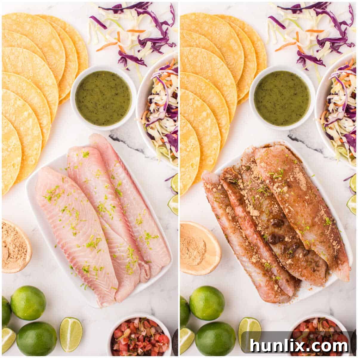 A series of step-by-step images showing the preparation of fish for fish tacos.