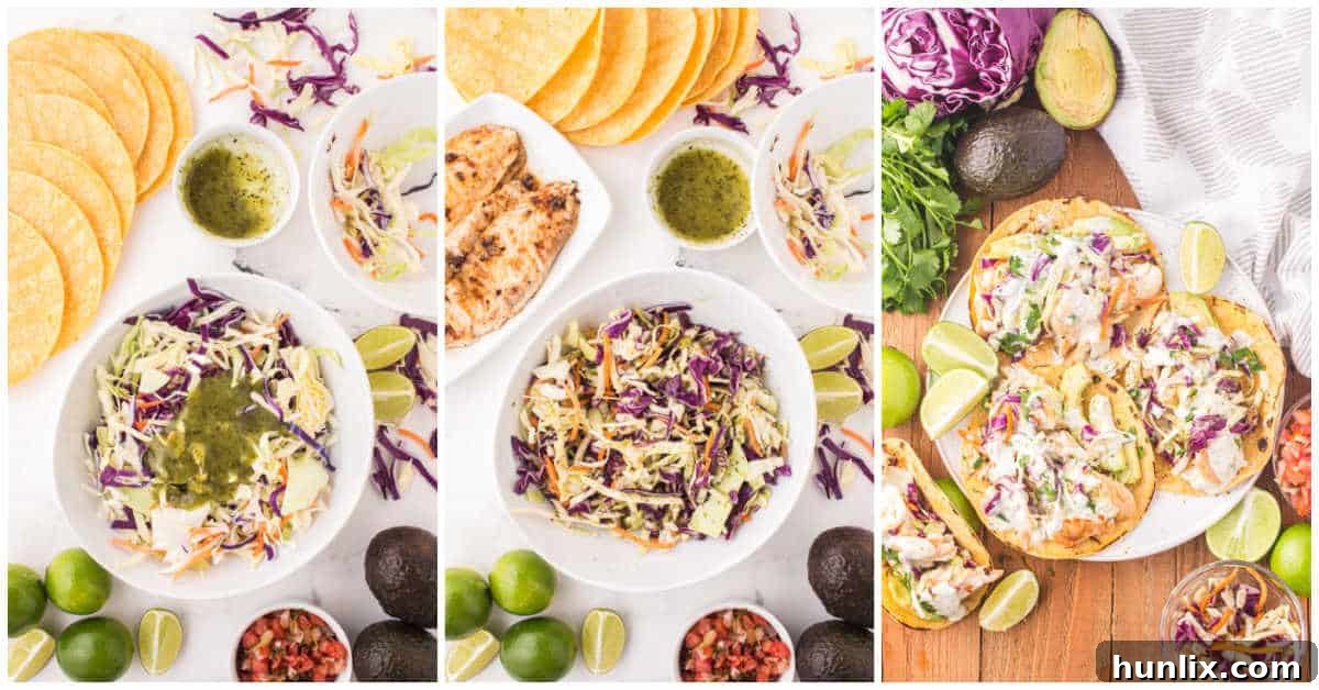 A series of step-by-step images showing the assembly of fish tacos.