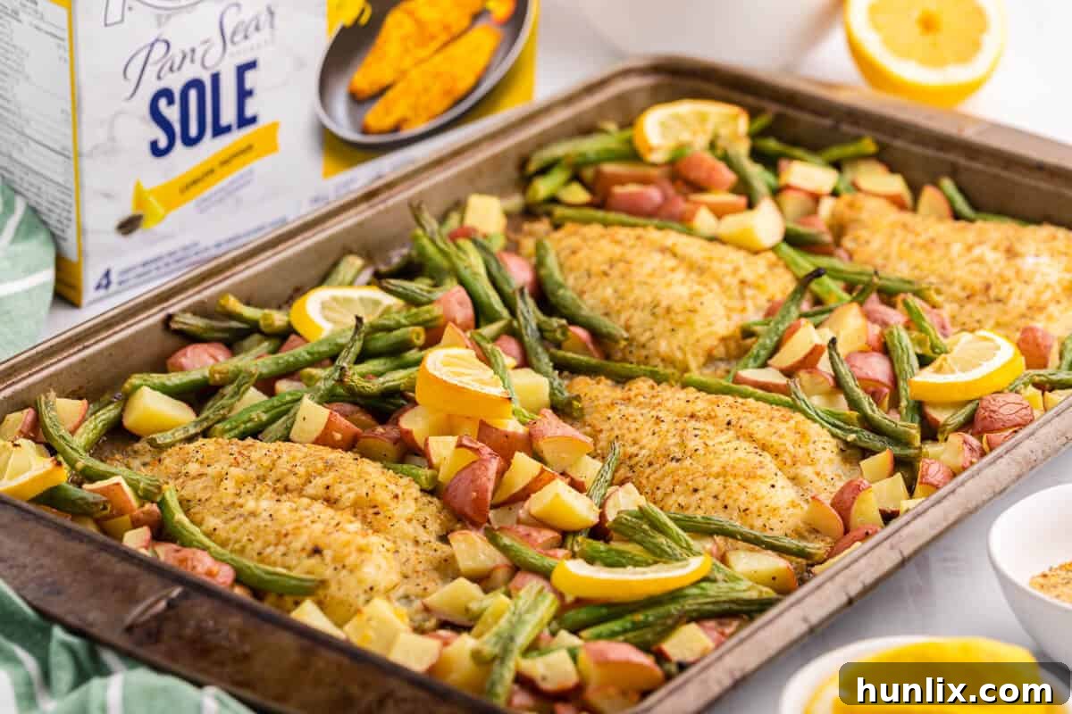 The High Liner Lemon Pepper Sole Sheet Pan Dinner presented with the High Liner product packaging, highlighting the ease of preparation using their convenient fillets.