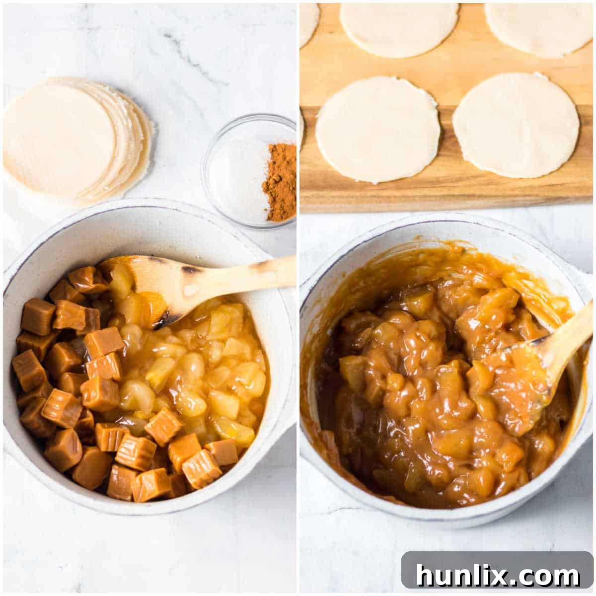 A collage showing the process of melting caramels and apple pie filling in a pot to create the empanada filling.