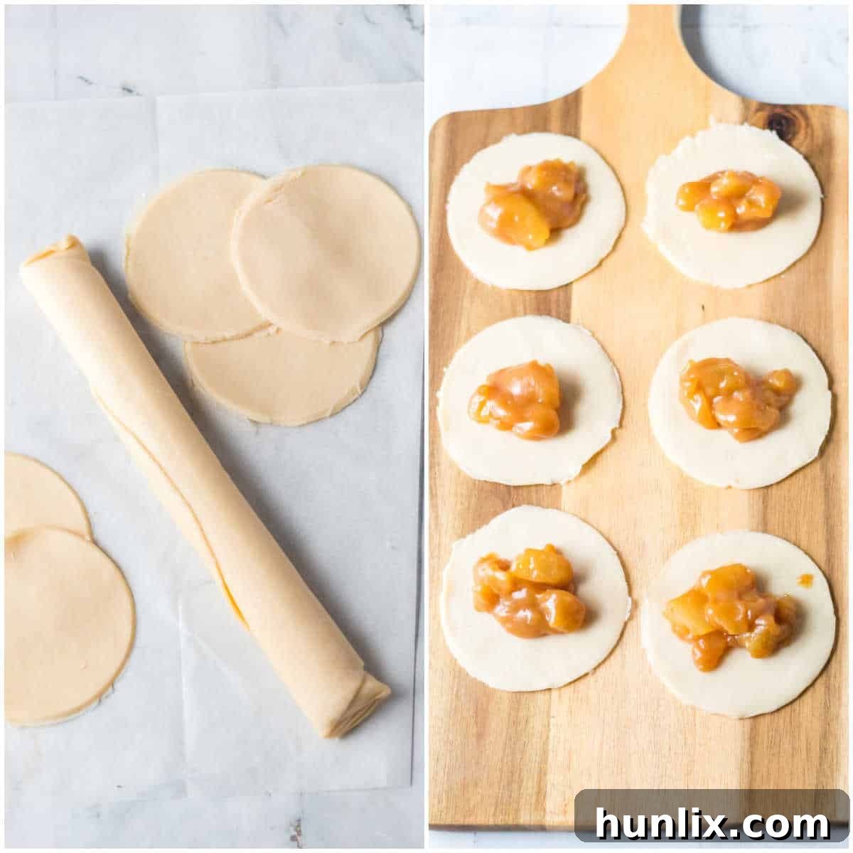 A collage depicting the steps of cutting pie crust circles and filling them with the apple caramel mixture.