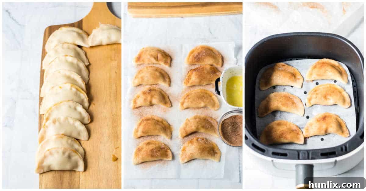 A collage demonstrating the final steps of seasoning the empanadas and air frying them until golden brown.