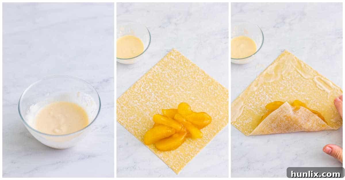 Collage showing the initial steps of wrapping apple pie egg rolls: placing filling, folding the bottom corner, and sealing the edges with flour paste.