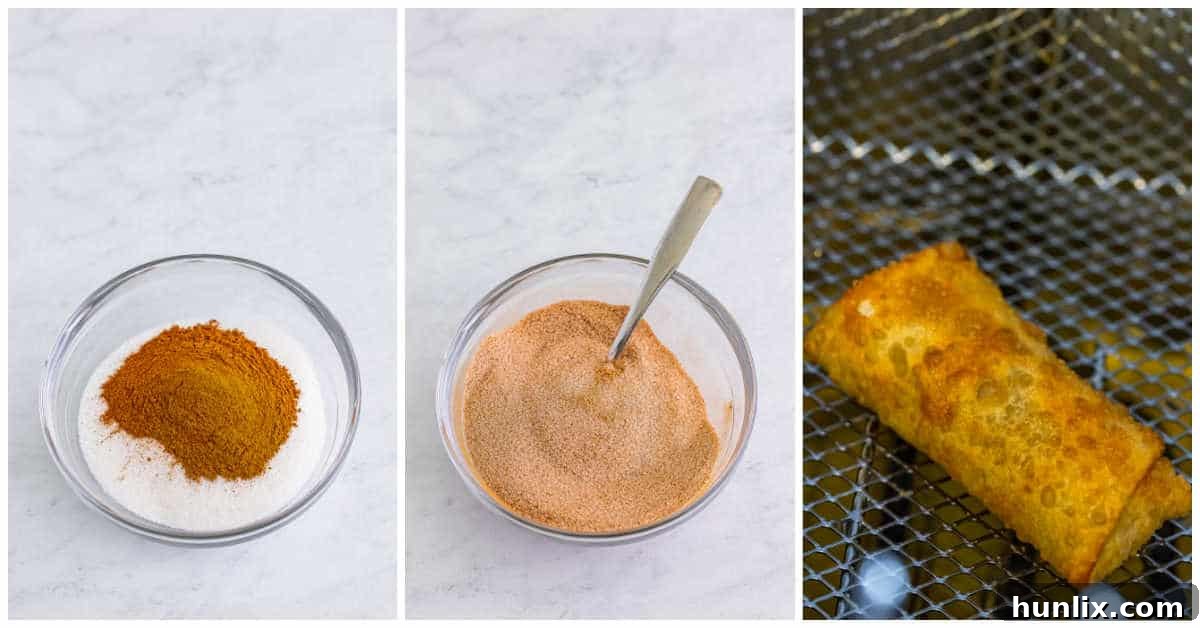 Collage showing the frying process: heating oil, mixing cinnamon sugar, deep-frying egg rolls until golden, and coating them.