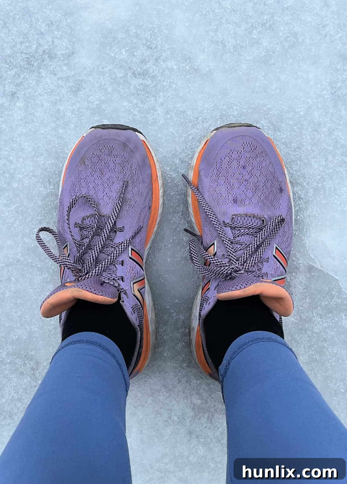 5 Daily Practices for a Vibrant Life 6 Purple running shoes in blue leggings.