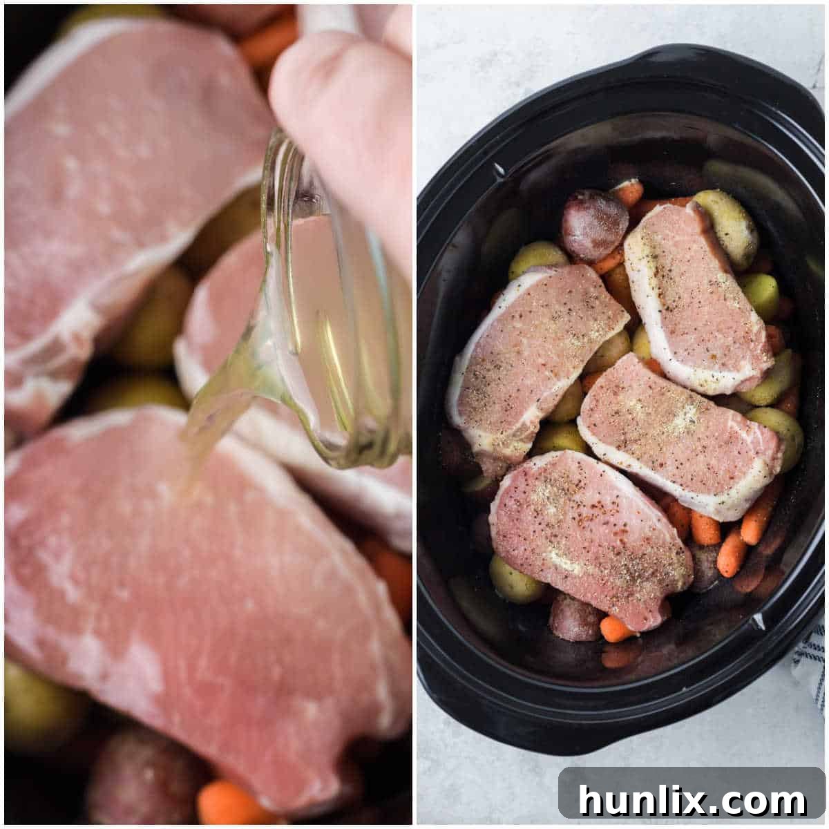 Steps showing raw pork chops and vegetables arranged in a slow cooker with seasoning and butter added.