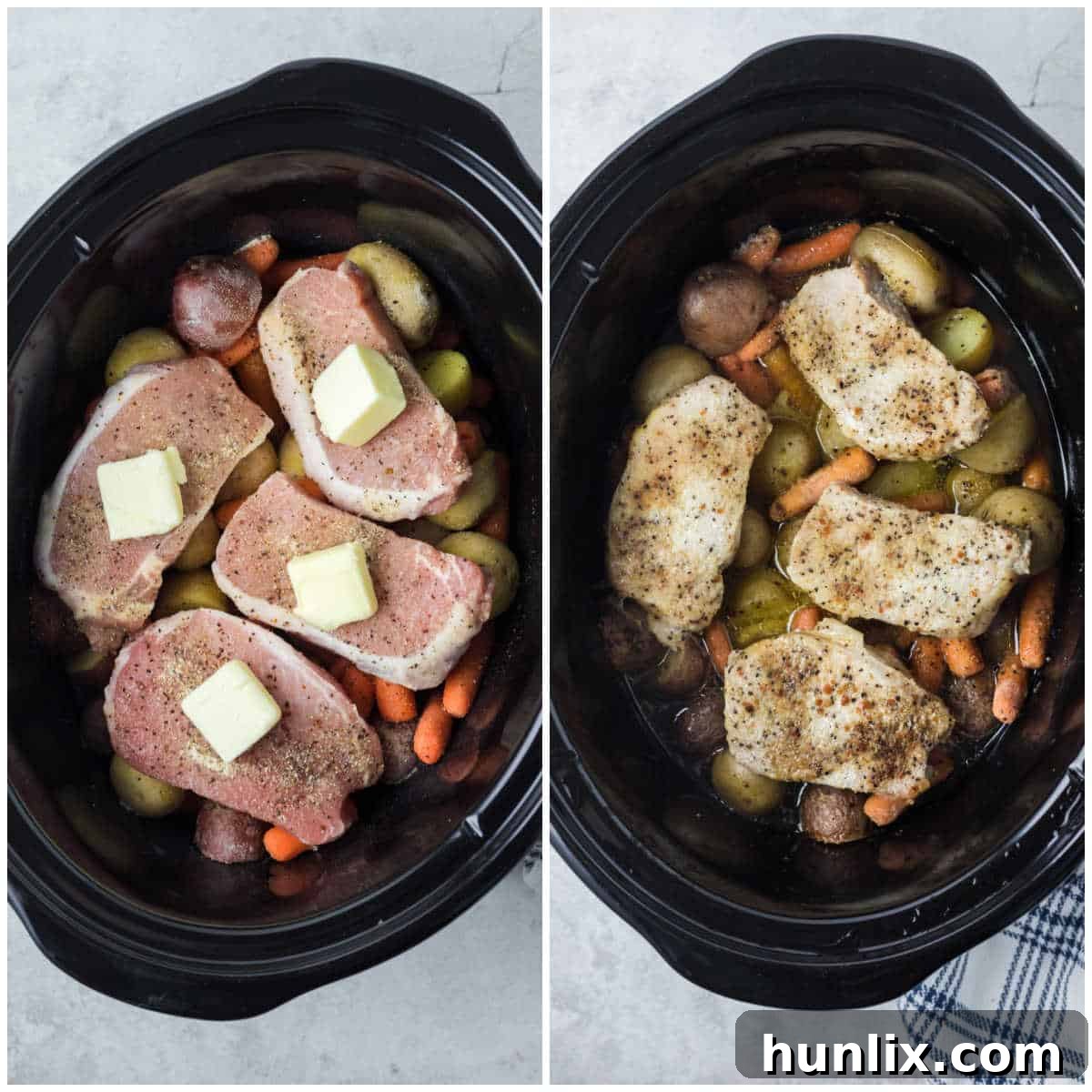 A close-up of pork chops topped with butter and seasoning in a slow cooker, ready to be cooked.