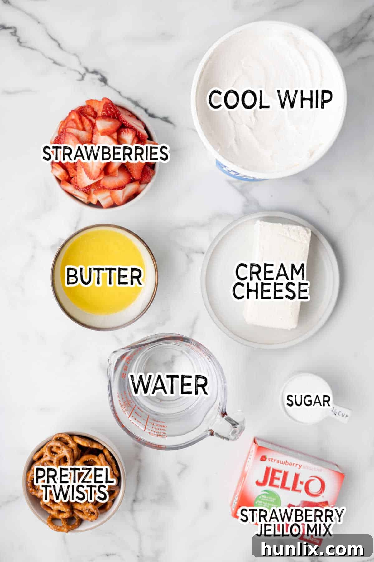 Ingredients to make strawberry pretzel salad.