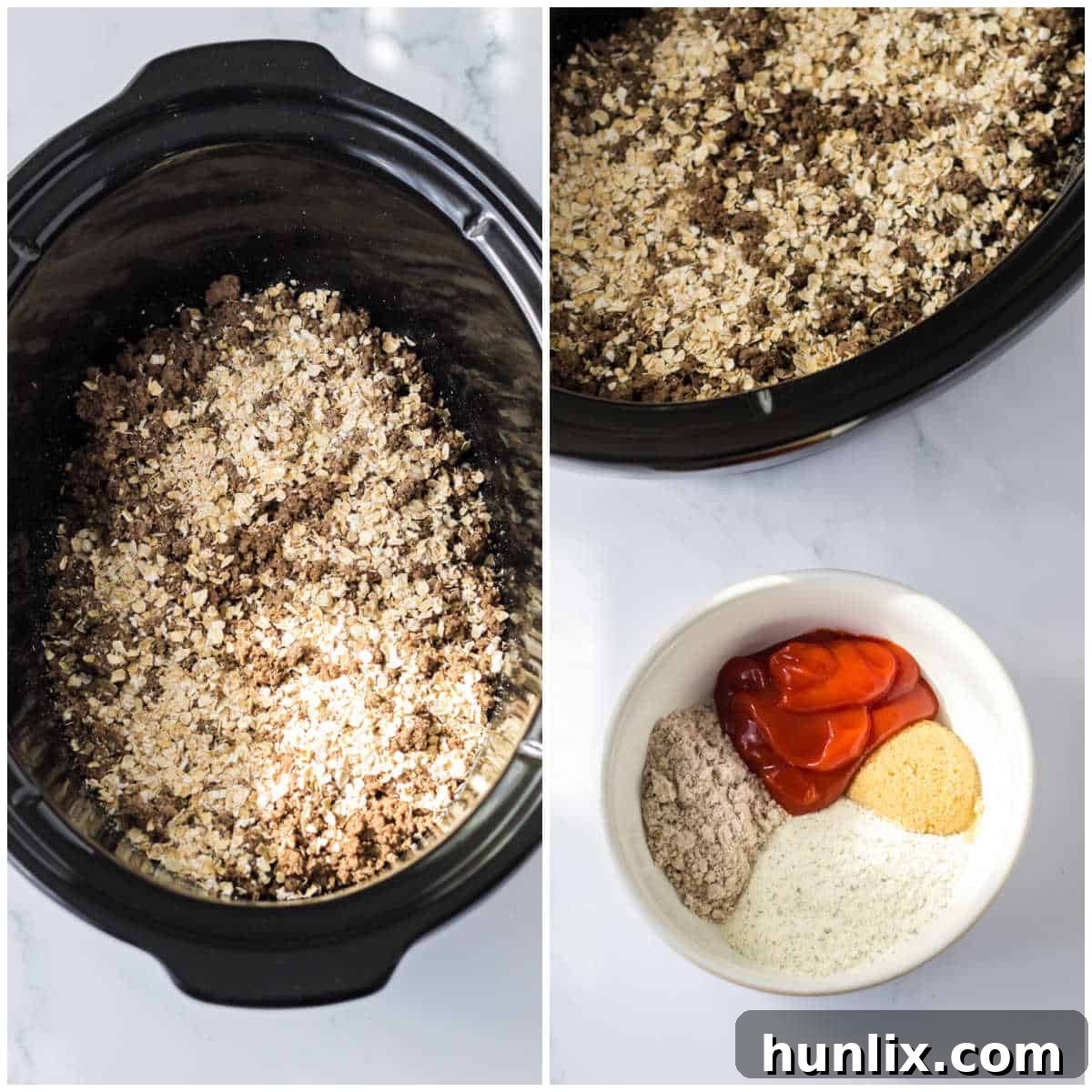 Hearty Slow Cooker Mississippi Sloppy Joes 4 First four steps of preparing slow cooker Mississippi Sloppy Joes, showing ingredients being combined.