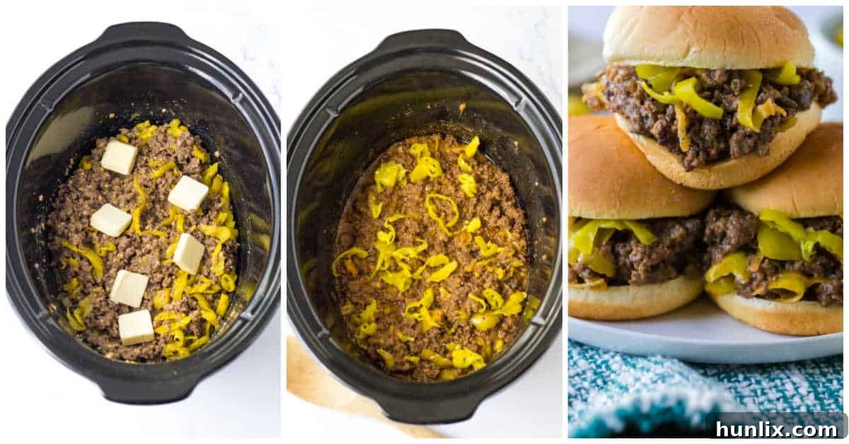 Hearty Slow Cooker Mississippi Sloppy Joes 5 The final steps of making slow cooker Mississippi Sloppy Joes, including adding butter and covering.
