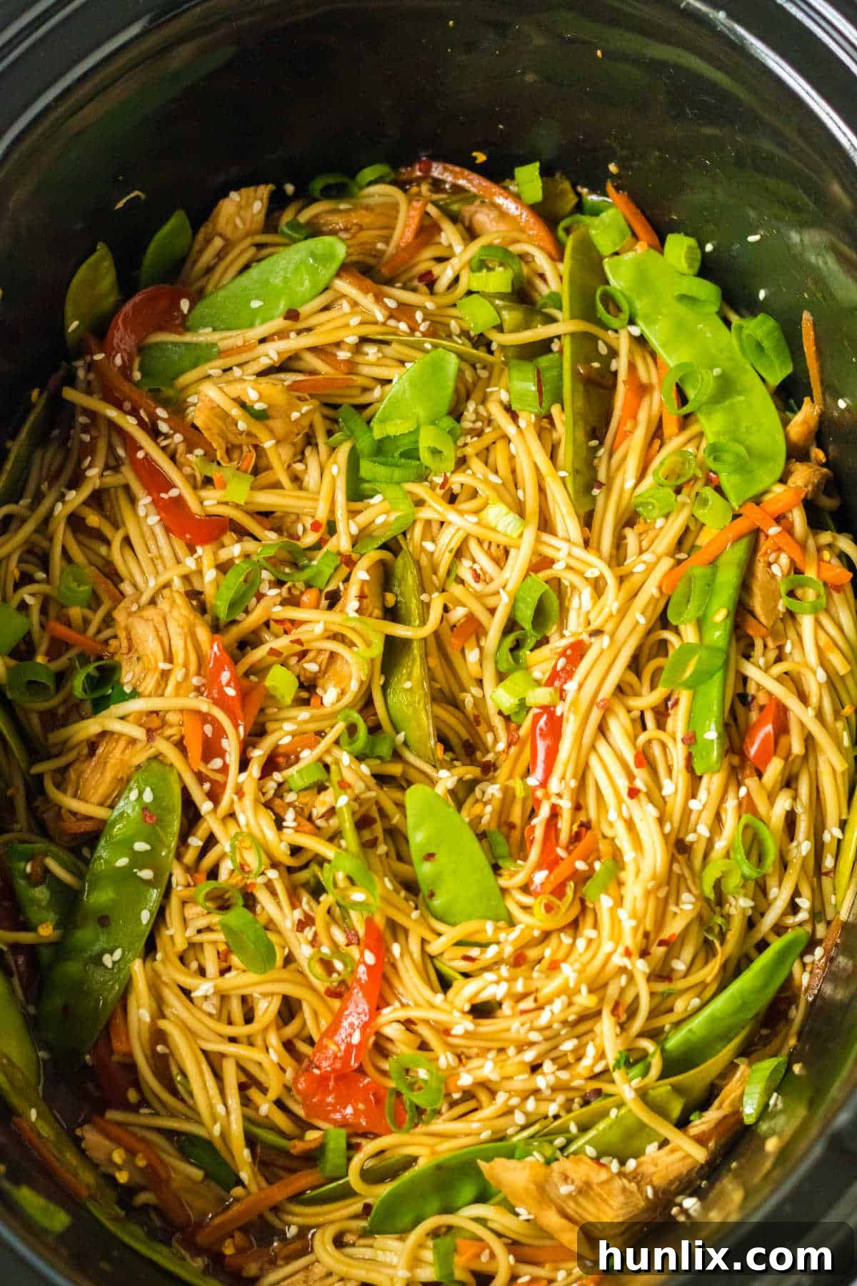 Delicious Slow Cooker Chicken Lo Mein served with vibrant vegetables and tender chicken.