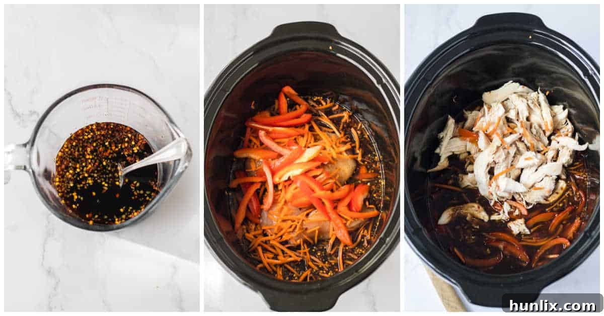 Ingredients for slow cooker chicken lo mein being prepped.