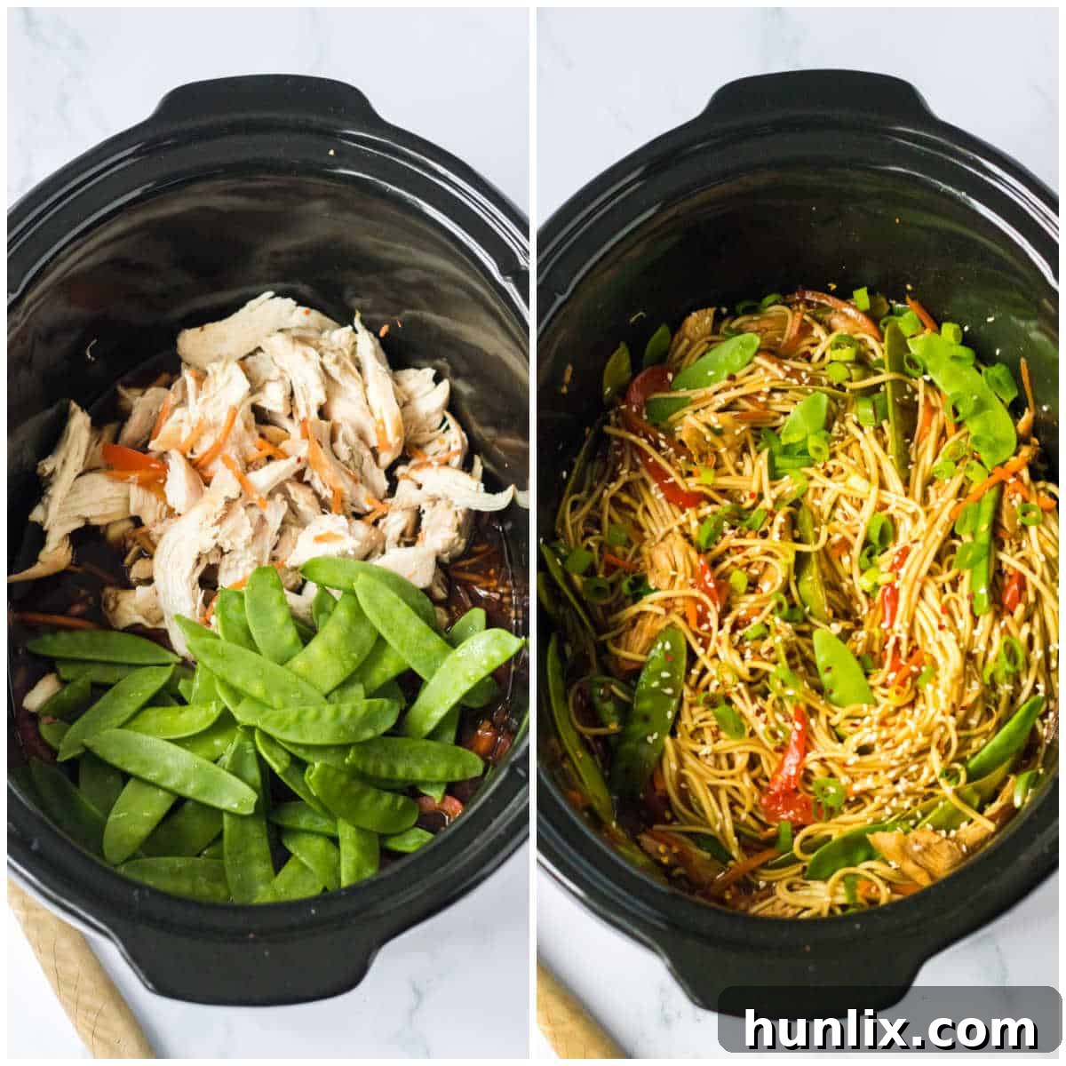 The final steps of making chicken lo mein in the slow cooker, adding noodles and garnishes.