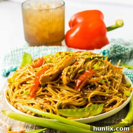 A plate of chicken lo mein, highlighting the delicious result.