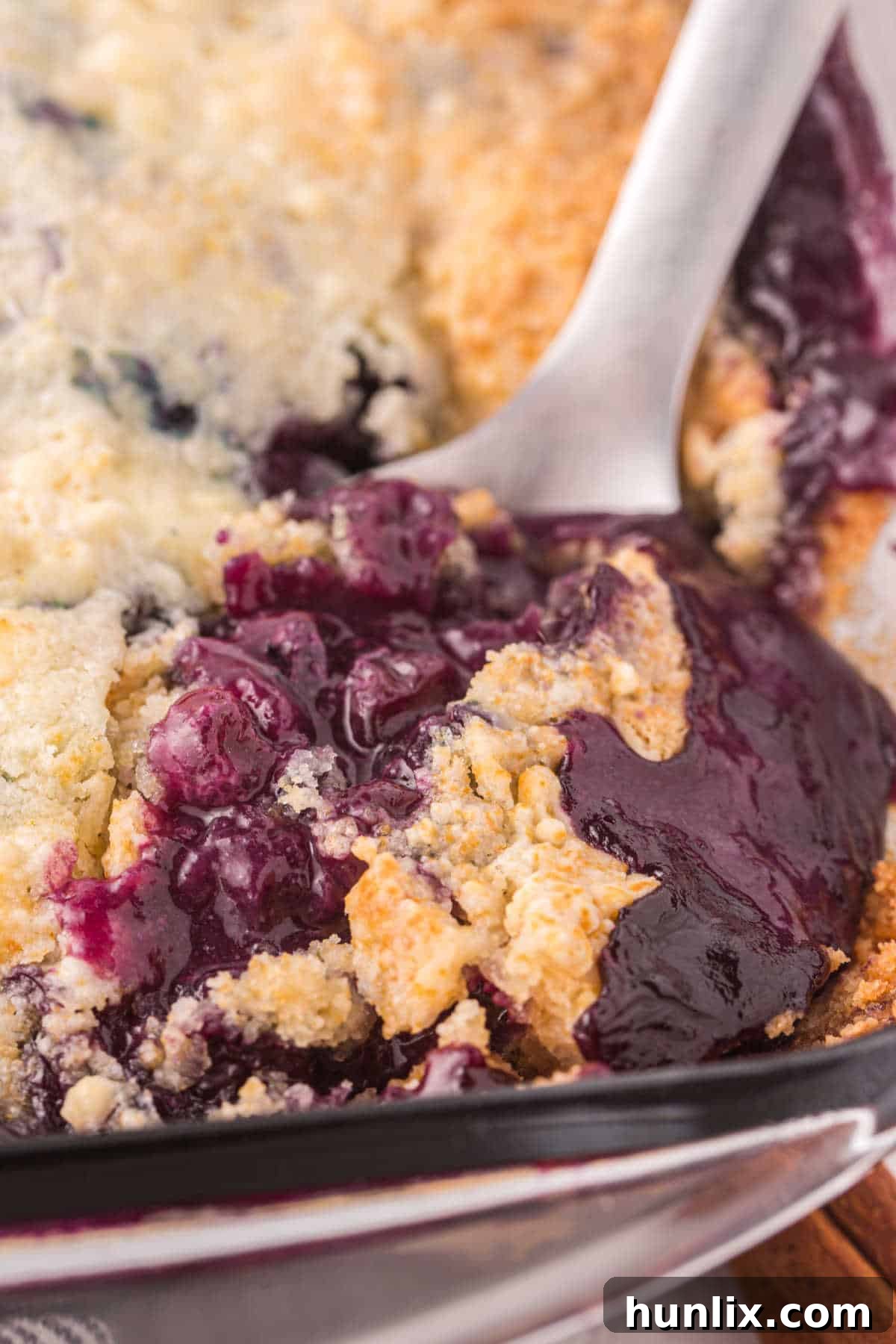Bursting Blueberry Bliss 2 Blueberry cobbler in a pan with a serving spoon.