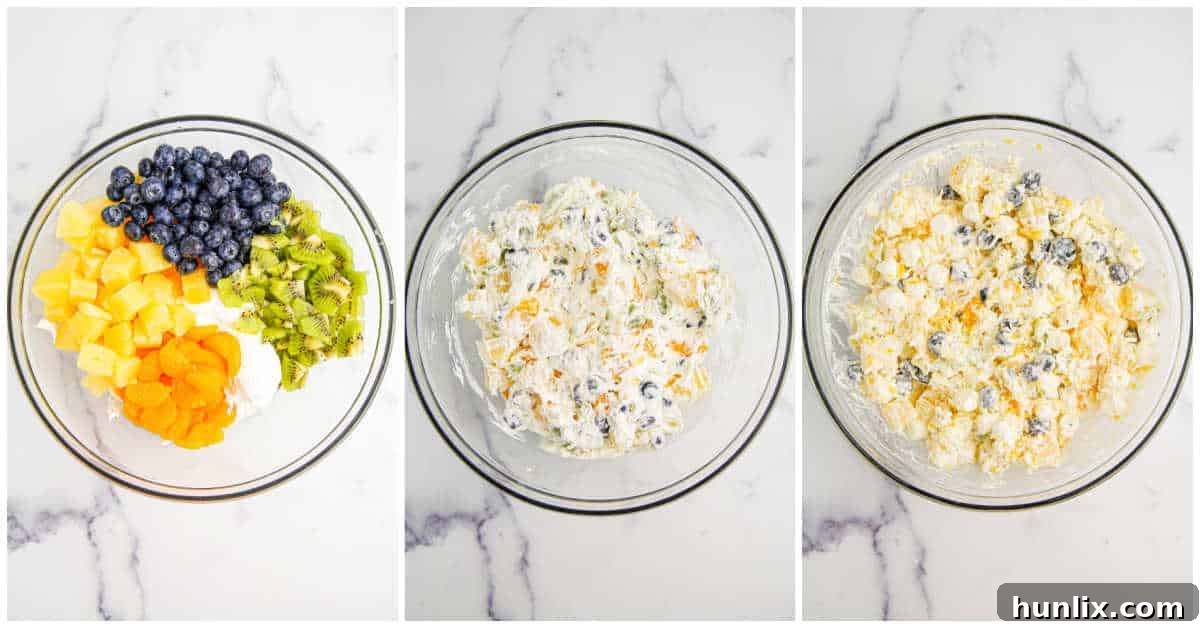 Tropical Cloud Delight 4 Three step-by-step photos illustrating the process of making tropical fluff salad: combining ingredients, mixing them, and the final chilled product ready to serve.