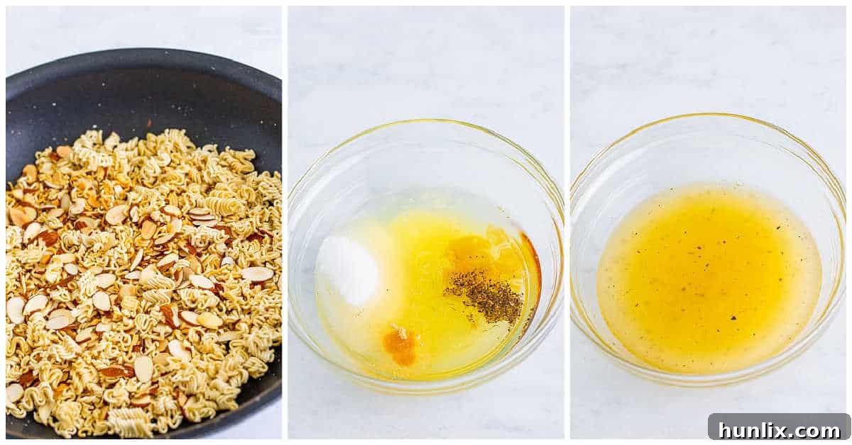 Two steps of making ramen noodle salad shown: toasting noodles and mixing dressing.