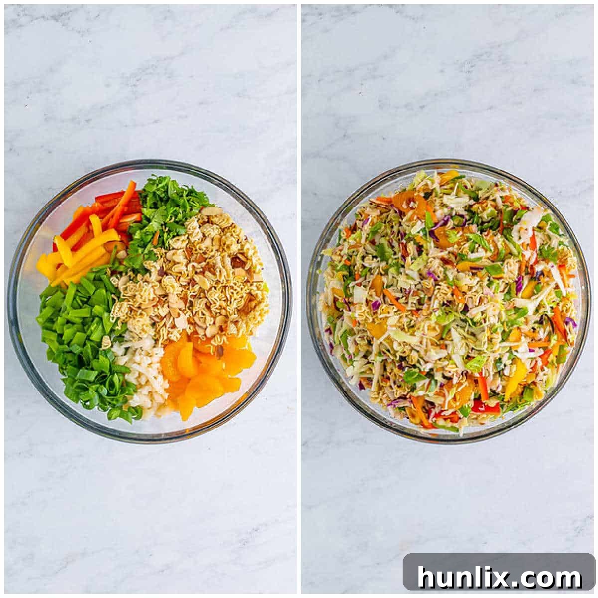 Two more steps of making ramen noodle salad shown: combining ingredients and tossing with dressing.