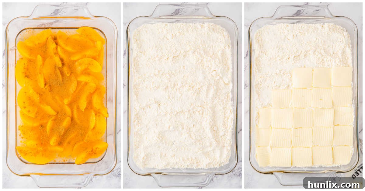 Effortless Peach Cobbler Cake 4 A four-panel collage showing the step-by-step process of assembling a peach cobbler dump cake: 1. Peaches in a baking dish. 2. Cinnamon sprinkled over peaches. 3. Dry cake mix spread over the peaches. 4. Thin slices of butter arranged on top of the cake mix.