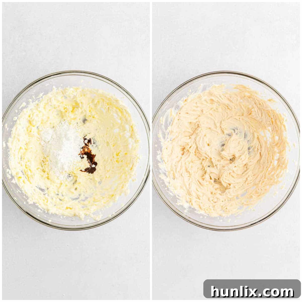 A large mixing bowl containing the beaten cream cheese, powdered sugar, and vanilla mixture, perfectly smooth and creamy.