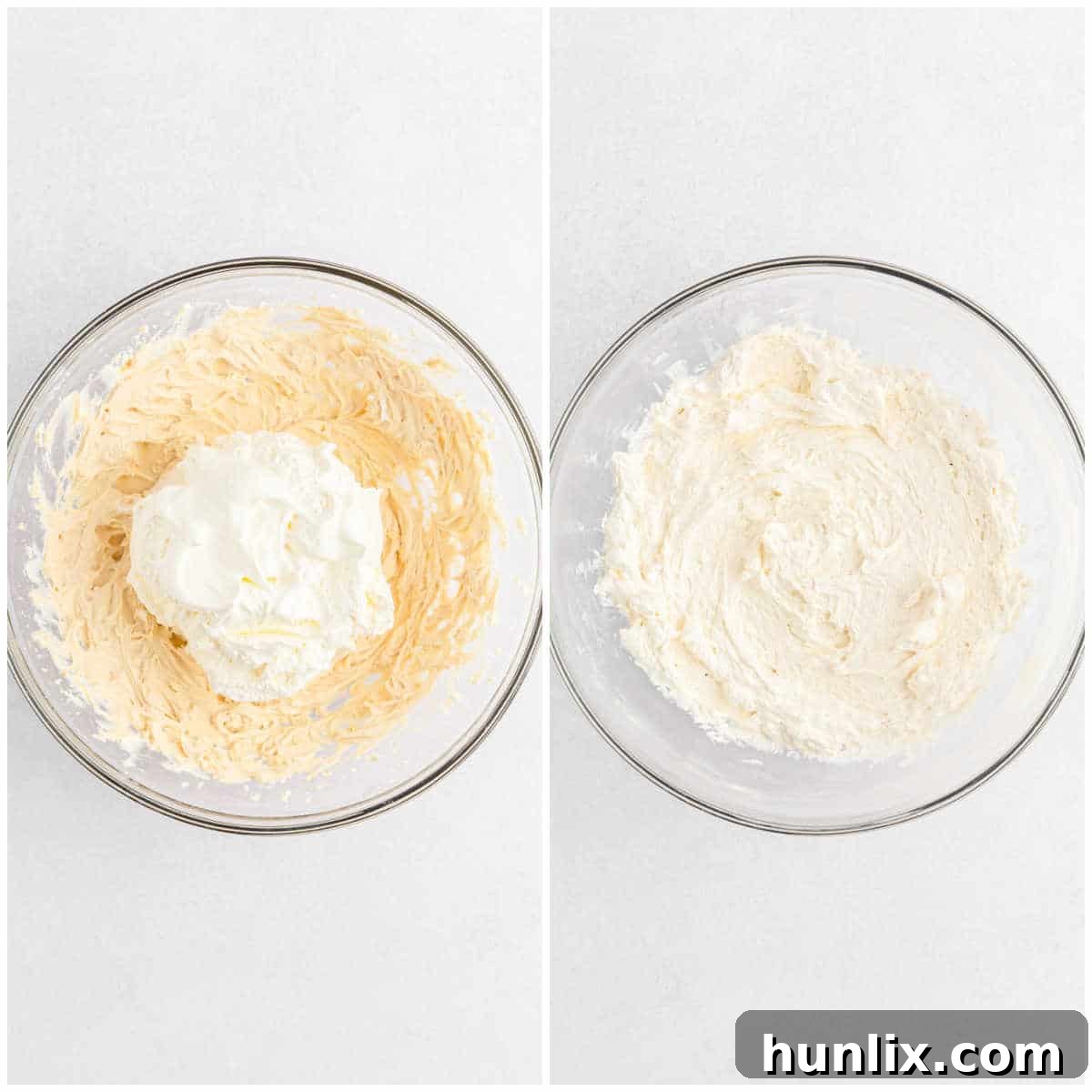 The mixing bowl now contains the cream cheese mixture combined with Cool Whip, showing a light and airy texture as it's gently folded.