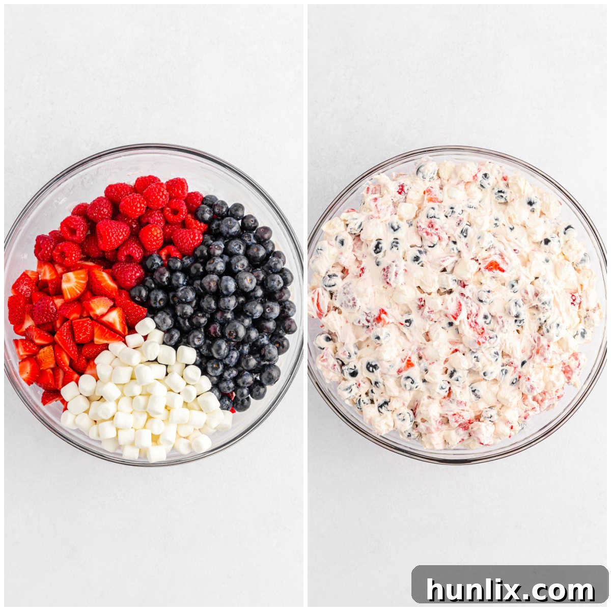 The final step shows the Berry Cheesecake Fluff with all ingredients combined, a colorful mix of berries and marshmallows folded into the creamy base.