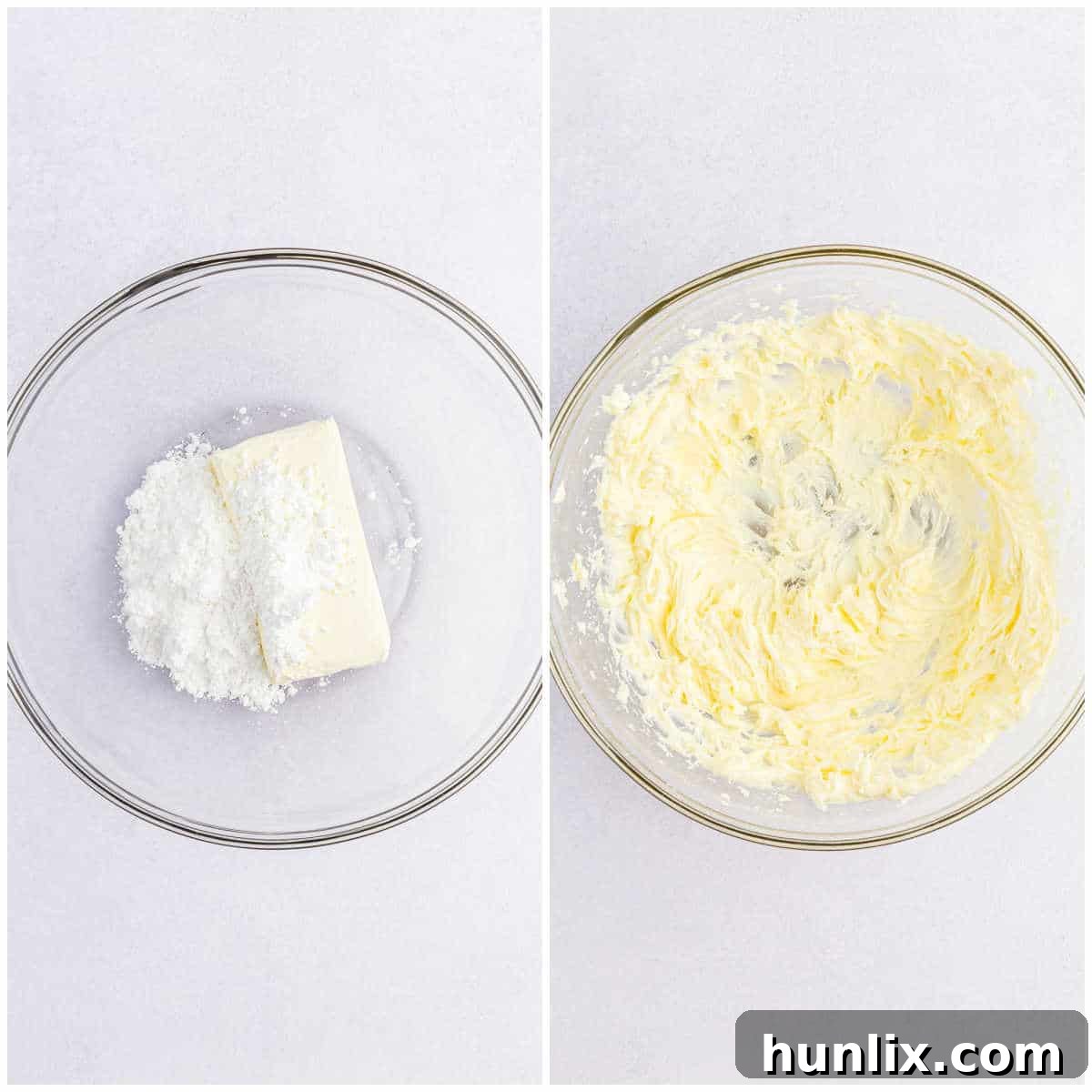 A hand mixer blending cream cheese and powdered sugar in a bowl, the first step in making Lemon Blueberry Fluff.