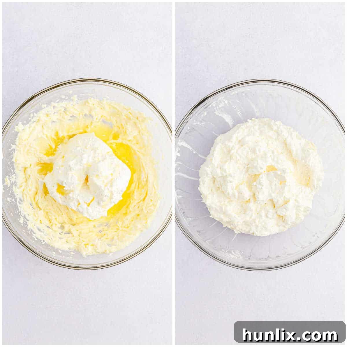 A rubber spatula gently folding Cool Whip into the cream cheese mixture, adding lightness to the Lemon Blueberry Fluff.