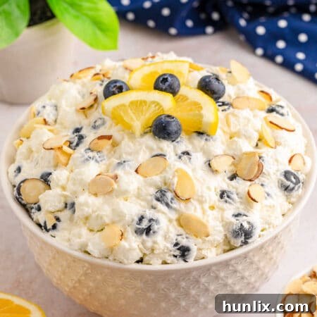 Lemon Blueberry Fluff dessert in a glass bowl, garnished with fresh blueberries and lemon zest.