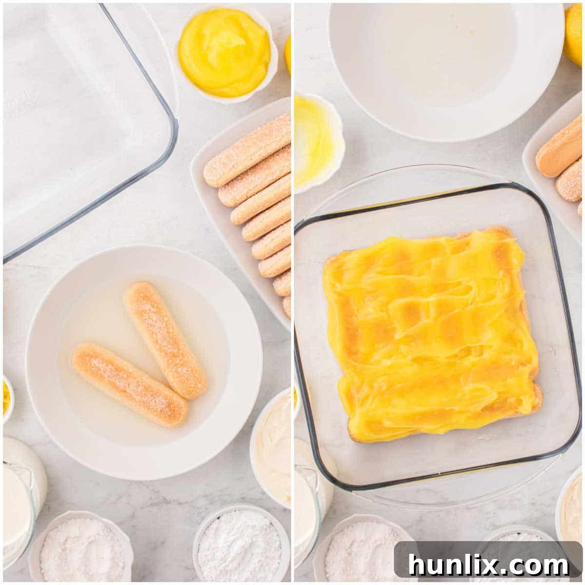 Italian Lemon Cloud 4 Lemonade-soaked ladyfingers laid in a baking dish, ready for the next layer.