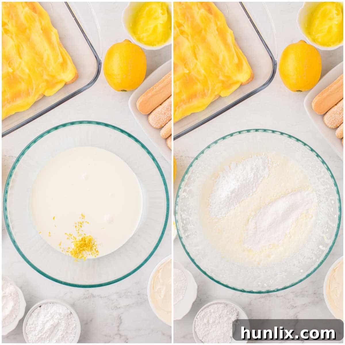 Italian Lemon Cloud 5 Whipping cream, lemon zest, powdered sugar, and lemon pudding mix being beaten together in a stand mixer.