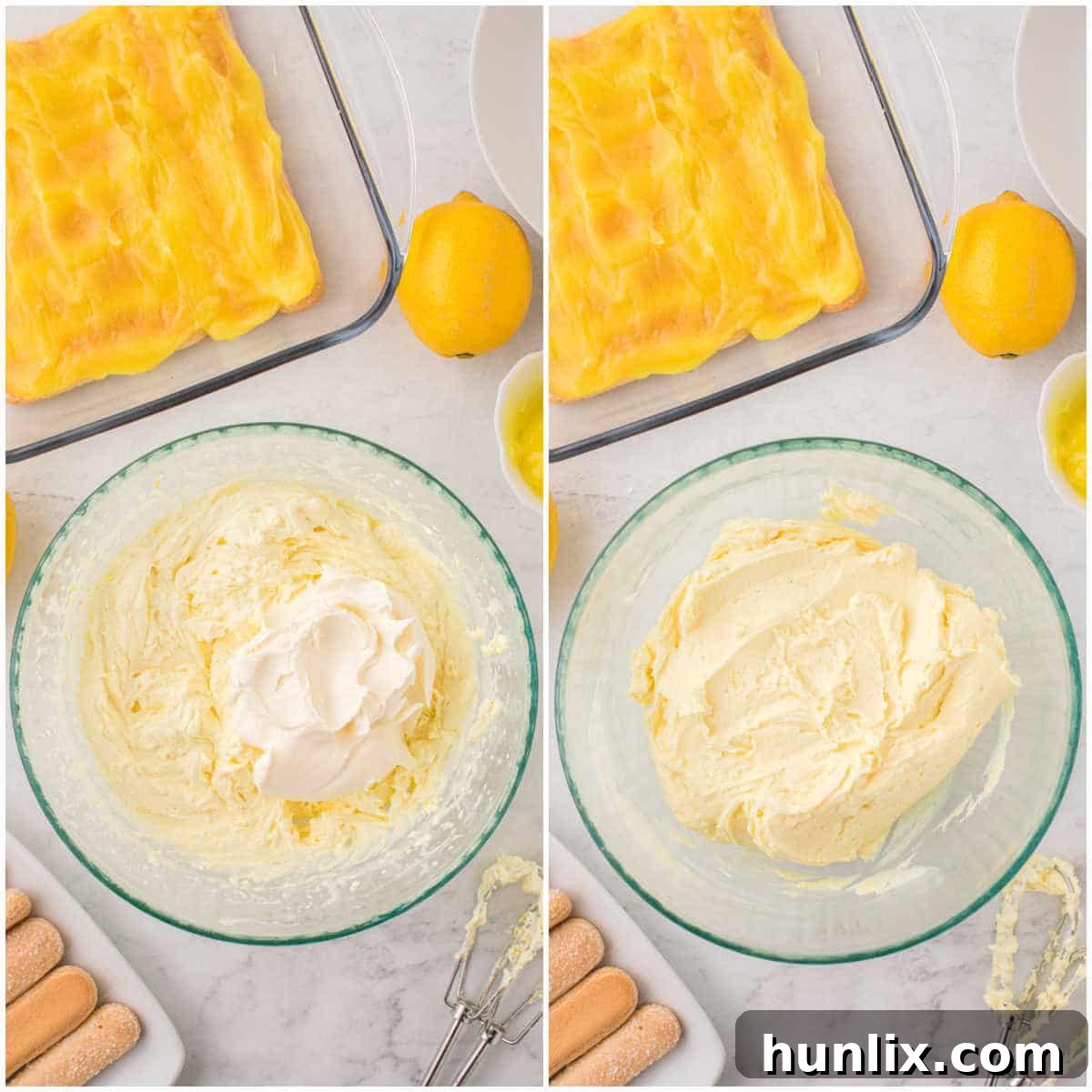 Italian Lemon Cloud 6 Mascarpone cheese being added to the whipped cream mixture in a mixing bowl.