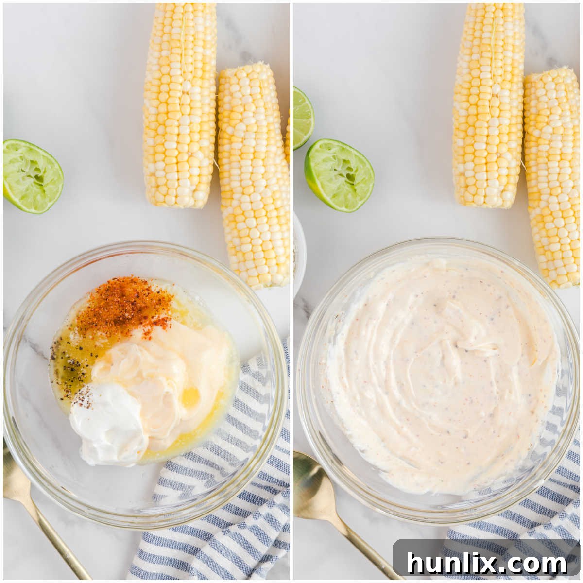 Collage showing the process of mixing butter, mayonnaise, and spices in a bowl to create the corn rib marinade.