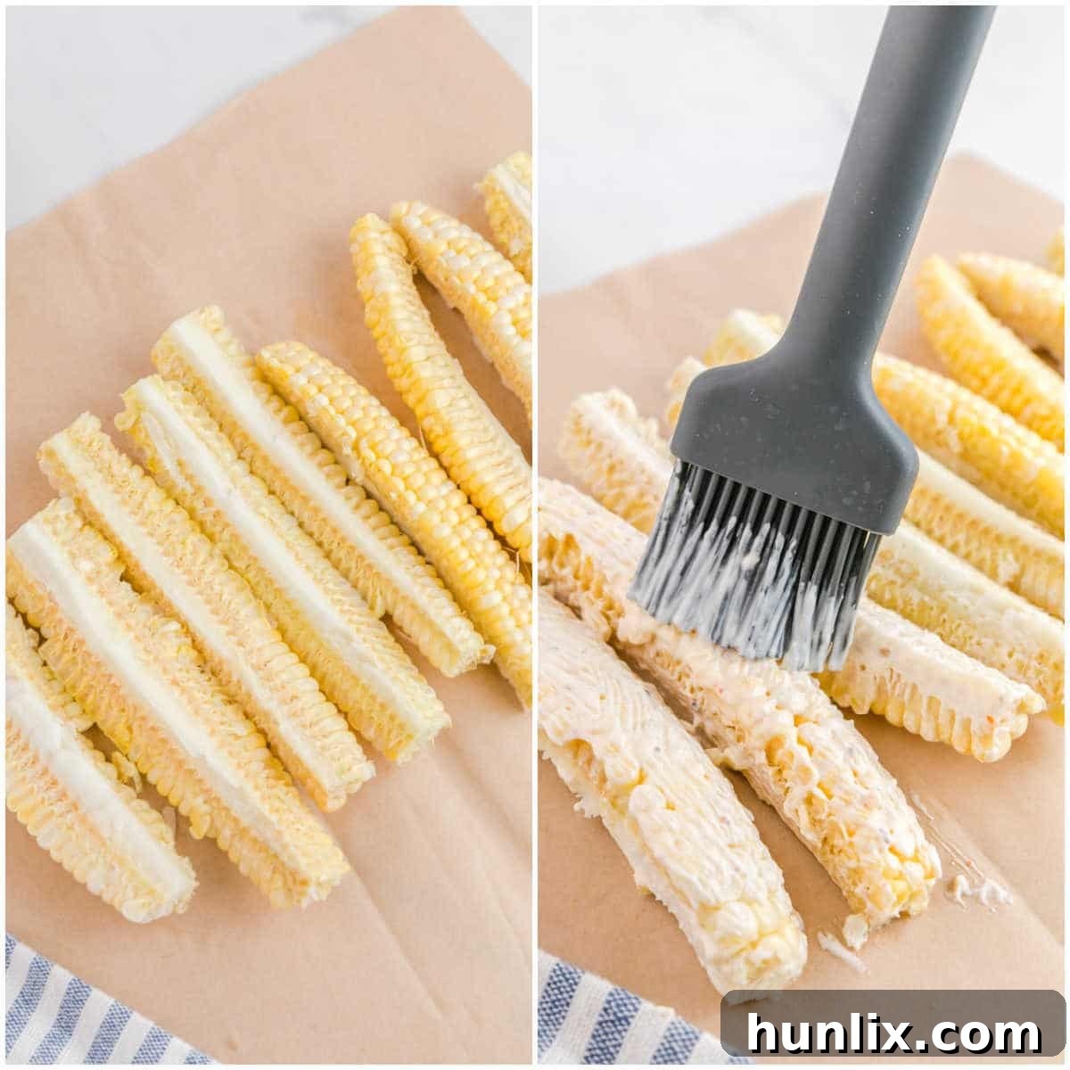 Collage illustrating the step of brushing the sauce mixture onto the corn ribs before air frying.